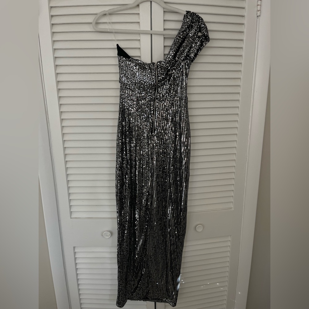 Showpo Joycee Midi Off Shoulder Thigh Split Sequin Dress in Gunmetal - Picture 6 of 6